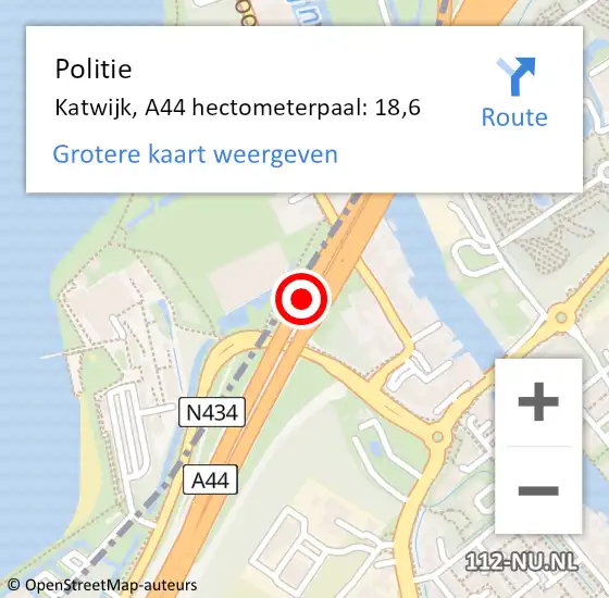 Locatie op kaart van de 112 melding: Politie Katwijk, A44 hectometerpaal: 18,6 op 9 november 2023 11:32
