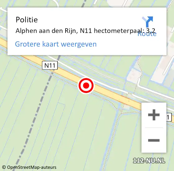 Locatie op kaart van de 112 melding: Politie Alphen aan den Rijn, N11 hectometerpaal: 3,2 op 9 november 2023 14:37