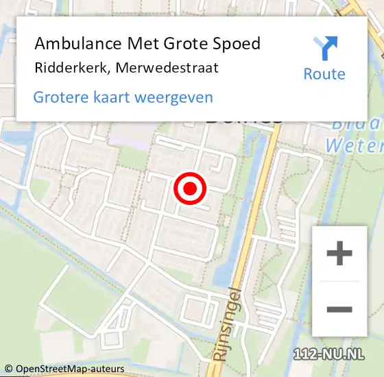 Locatie op kaart van de 112 melding: Ambulance Met Grote Spoed Naar Ridderkerk, Merwedestraat op 9 november 2023 15:36