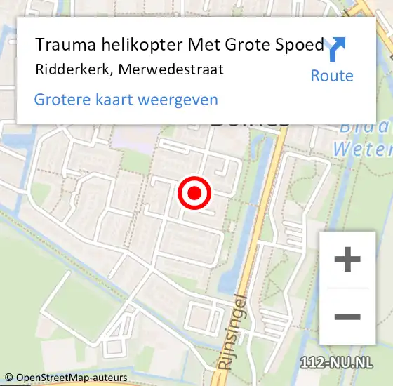 Locatie op kaart van de 112 melding: Trauma helikopter Met Grote Spoed Naar Ridderkerk, Merwedestraat op 9 november 2023 15:39