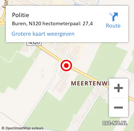 Locatie op kaart van de 112 melding: Politie Buren, N320 hectometerpaal: 27,4 op 9 november 2023 16:21