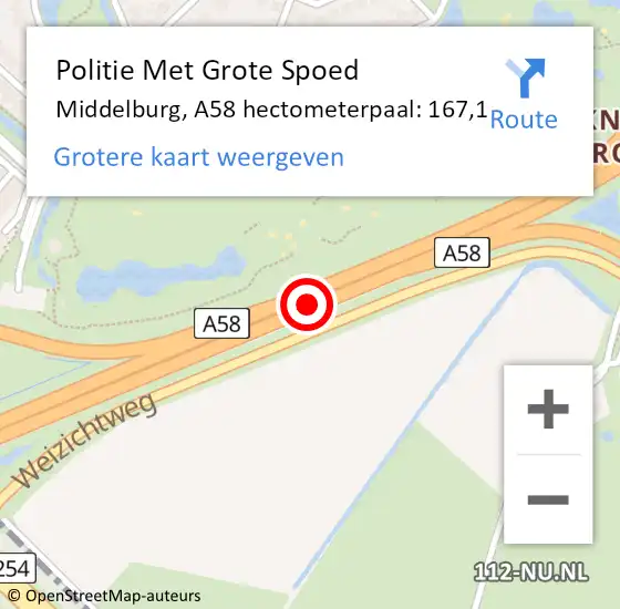 Locatie op kaart van de 112 melding: Politie Met Grote Spoed Naar Middelburg, A58 hectometerpaal: 167,1 op 9 november 2023 17:39