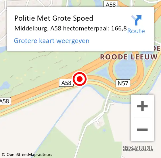 Locatie op kaart van de 112 melding: Politie Met Grote Spoed Naar Middelburg, A58 hectometerpaal: 166,8 op 9 november 2023 17:42