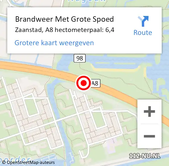Locatie op kaart van de 112 melding: Brandweer Met Grote Spoed Naar Zaanstad, A8 hectometerpaal: 6,4 op 9 november 2023 17:43