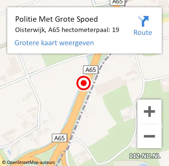Locatie op kaart van de 112 melding: Politie Met Grote Spoed Naar Oisterwijk, A65 hectometerpaal: 19 op 9 november 2023 18:16