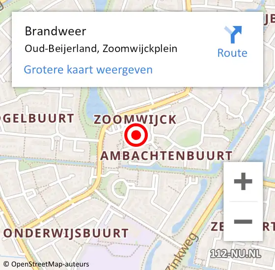 Locatie op kaart van de 112 melding: Brandweer Oud-Beijerland, Zoomwijckplein op 9 november 2023 19:31