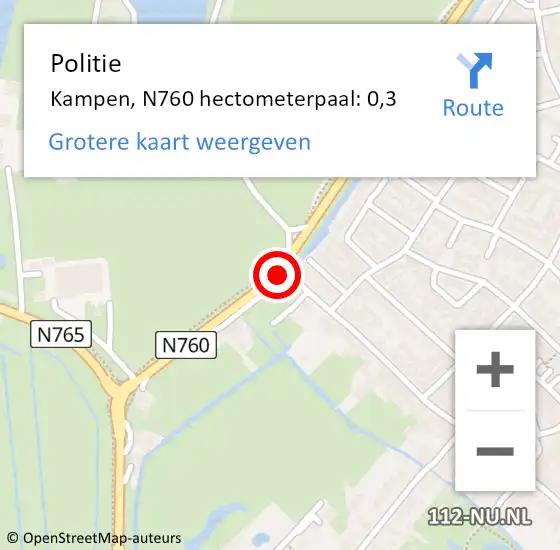 Locatie op kaart van de 112 melding: Politie Kampen, N760 hectometerpaal: 0,3 op 9 november 2023 22:54
