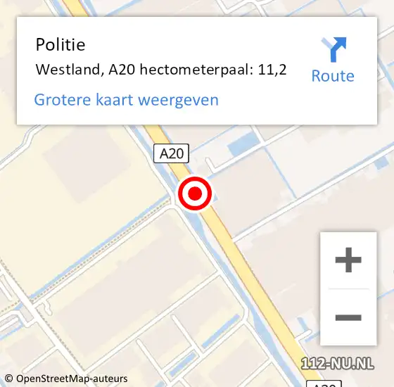 Locatie op kaart van de 112 melding: Politie Westland, A20 hectometerpaal: 11,2 op 9 november 2023 23:29