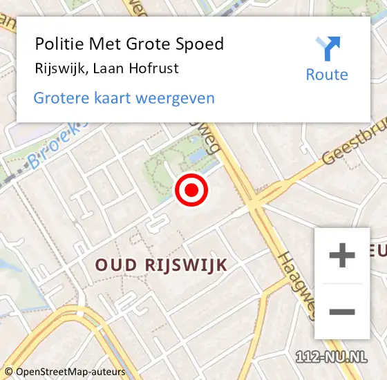 Locatie op kaart van de 112 melding: Politie Met Grote Spoed Naar Rijswijk, Laan Hofrust op 10 november 2023 06:58