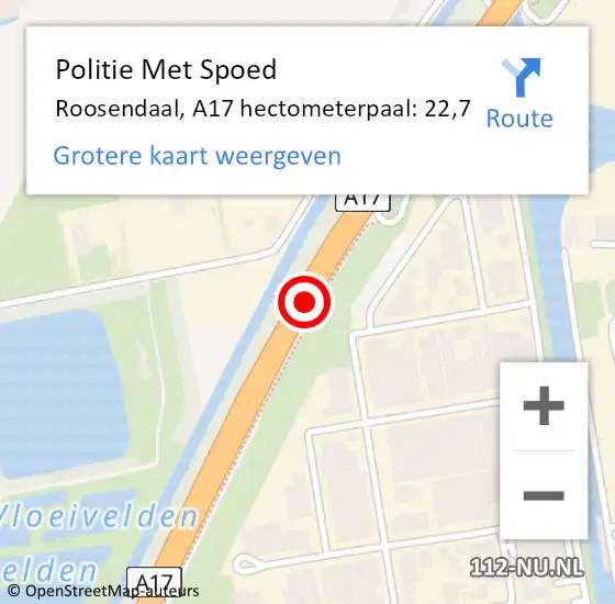 Locatie op kaart van de 112 melding: Politie Met Spoed Naar Roosendaal, A17 hectometerpaal: 22,7 op 10 november 2023 07:45