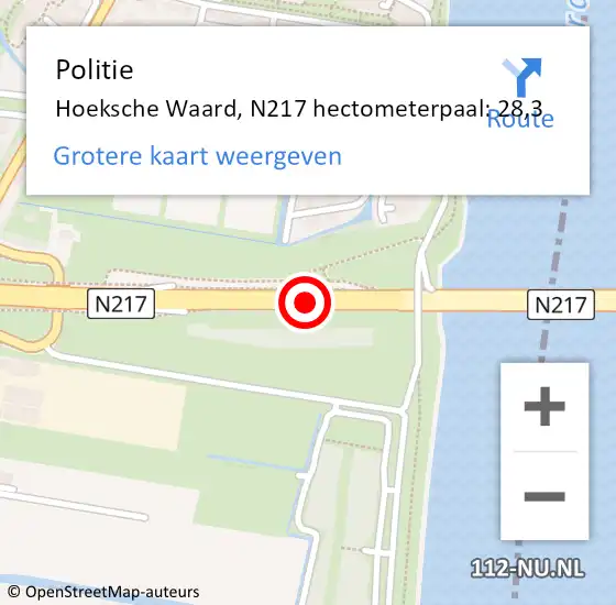 Locatie op kaart van de 112 melding: Politie Hoeksche Waard, N217 hectometerpaal: 28,3 op 10 november 2023 10:52