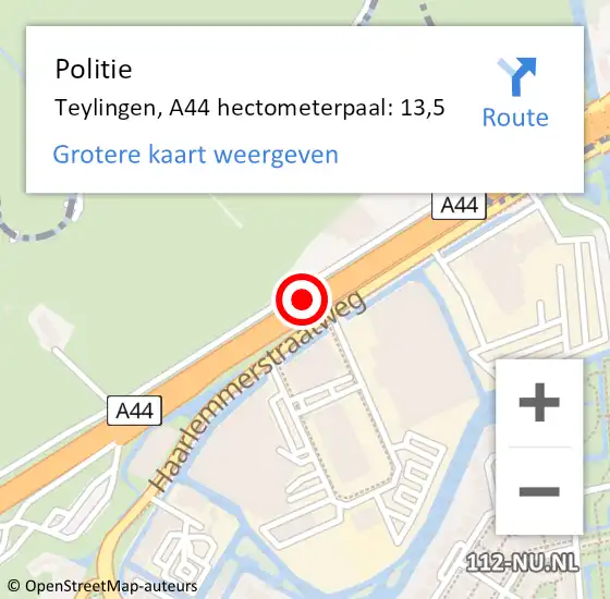 Locatie op kaart van de 112 melding: Politie Teylingen, A44 hectometerpaal: 13,5 op 10 november 2023 11:18