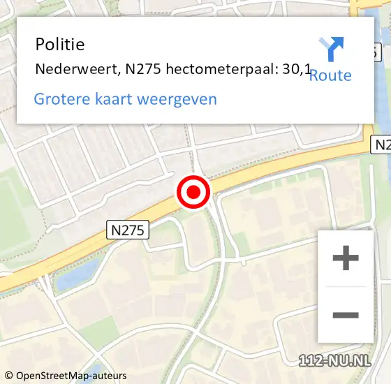 Locatie op kaart van de 112 melding: Politie Nederweert, N275 hectometerpaal: 30,1 op 10 november 2023 11:33
