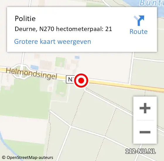 Locatie op kaart van de 112 melding: Politie Deurne, N270 hectometerpaal: 21 op 10 november 2023 11:41