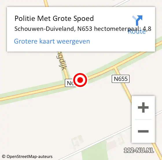 Locatie op kaart van de 112 melding: Politie Met Grote Spoed Naar Schouwen-Duiveland, N653 hectometerpaal: 4,8 op 10 november 2023 12:00