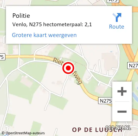 Locatie op kaart van de 112 melding: Politie Venlo, N275 hectometerpaal: 2,1 op 10 november 2023 13:03