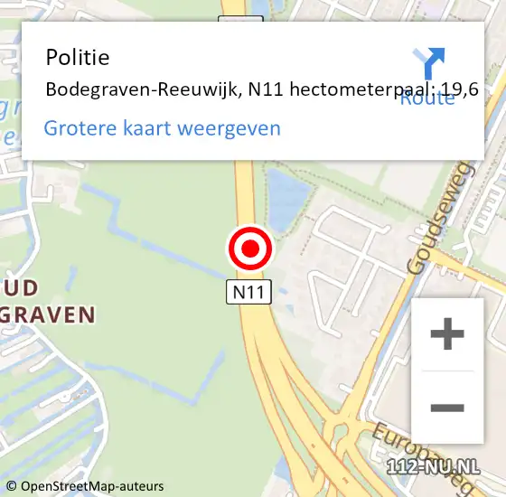 Locatie op kaart van de 112 melding: Politie Bodegraven-Reeuwijk, N11 hectometerpaal: 19,6 op 10 november 2023 13:11