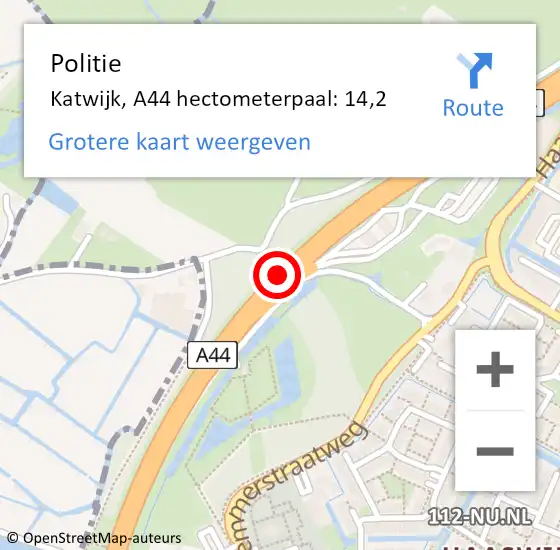 Locatie op kaart van de 112 melding: Politie Katwijk, A44 hectometerpaal: 14,2 op 10 november 2023 13:20