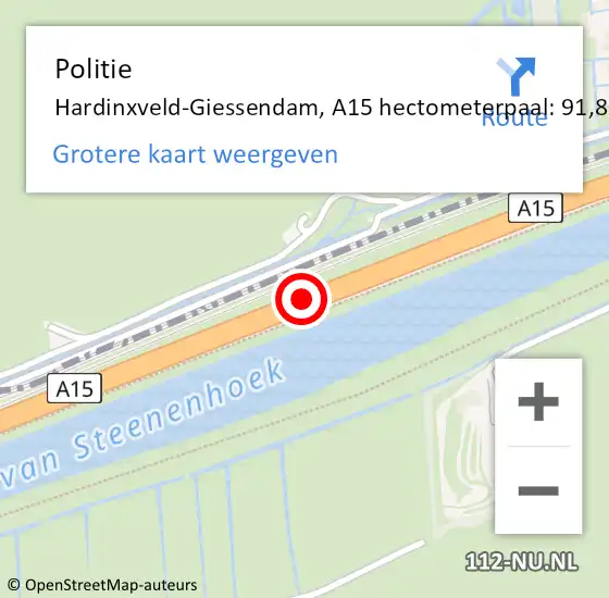 Locatie op kaart van de 112 melding: Politie Hardinxveld-Giessendam, A15 hectometerpaal: 91,8 op 10 november 2023 14:06