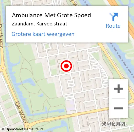 Locatie op kaart van de 112 melding: Ambulance Met Grote Spoed Naar Zaandam, Karveelstraat op 10 november 2023 15:02