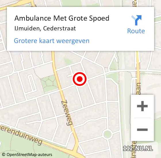 Locatie op kaart van de 112 melding: Ambulance Met Grote Spoed Naar IJmuiden, Cederstraat op 10 november 2023 15:15