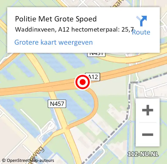 Locatie op kaart van de 112 melding: Politie Met Grote Spoed Naar Waddinxveen, A12 hectometerpaal: 25,7 op 10 november 2023 15:22