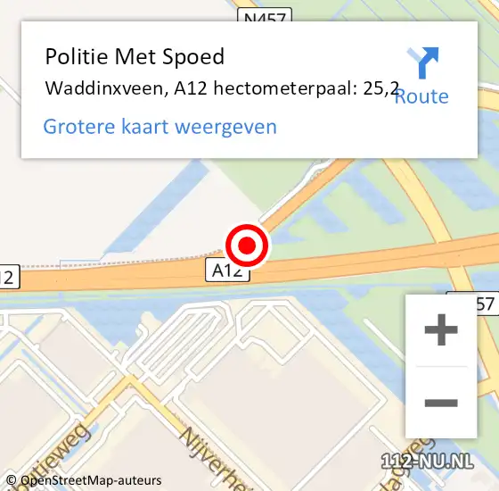 Locatie op kaart van de 112 melding: Politie Met Spoed Naar Waddinxveen, A12 hectometerpaal: 25,2 op 10 november 2023 15:26