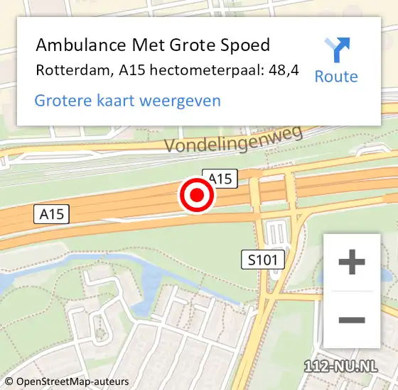 Locatie op kaart van de 112 melding: Ambulance Met Grote Spoed Naar Rotterdam, A15 hectometerpaal: 48,4 op 10 november 2023 16:23