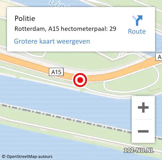 Locatie op kaart van de 112 melding: Politie Rotterdam, A15 hectometerpaal: 29 op 10 november 2023 16:59