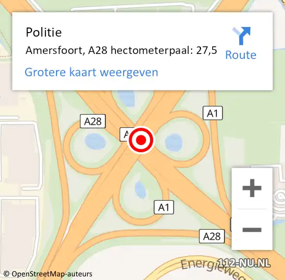 Locatie op kaart van de 112 melding: Politie Amersfoort, A28 hectometerpaal: 27,5 op 10 november 2023 17:33