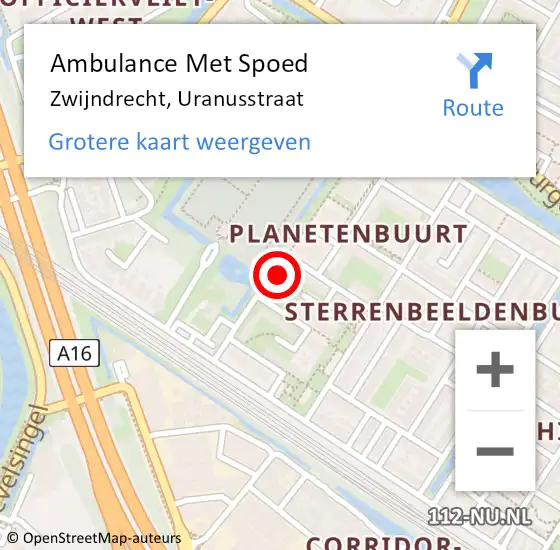 Locatie op kaart van de 112 melding: Ambulance Met Spoed Naar Zwijndrecht, Uranusstraat op 10 november 2023 18:48