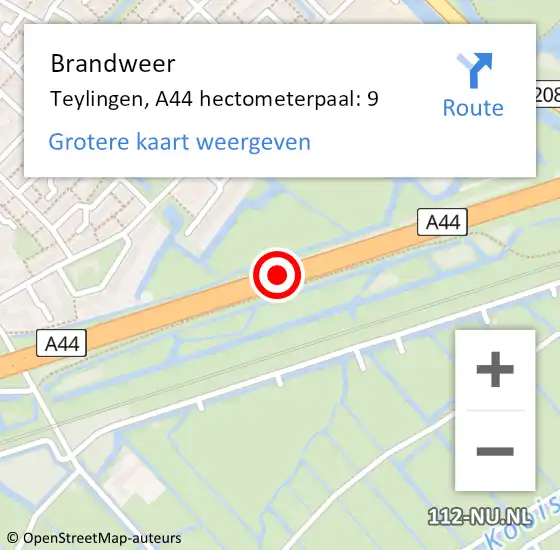 Locatie op kaart van de 112 melding: Brandweer Teylingen, A44 hectometerpaal: 9 op 10 november 2023 19:07