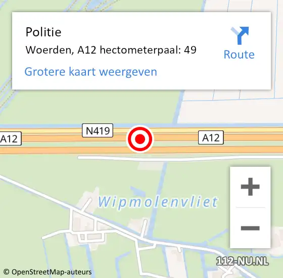 Locatie op kaart van de 112 melding: Politie Woerden, A12 hectometerpaal: 49 op 10 november 2023 19:08