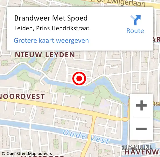 Locatie op kaart van de 112 melding: Brandweer Met Spoed Naar Leiden, Prins Hendrikstraat op 10 november 2023 19:11