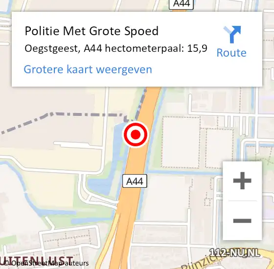 Locatie op kaart van de 112 melding: Politie Met Grote Spoed Naar Oegstgeest, A44 hectometerpaal: 15,9 op 10 november 2023 19:43