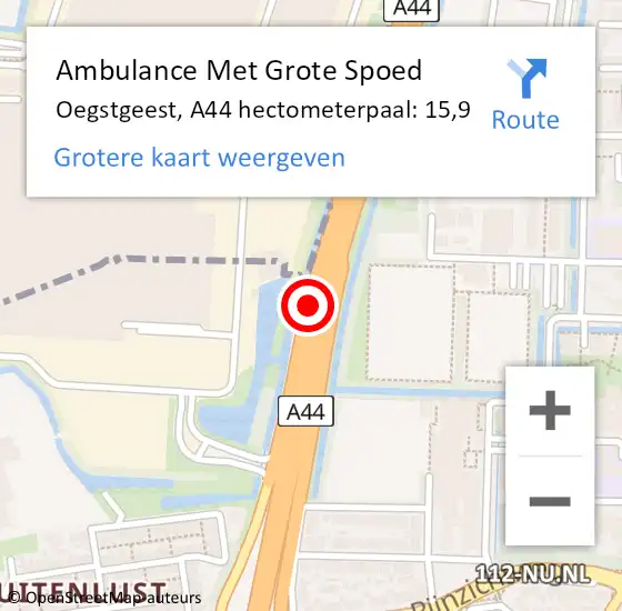 Locatie op kaart van de 112 melding: Ambulance Met Grote Spoed Naar Oegstgeest, A44 hectometerpaal: 15,9 op 10 november 2023 19:45