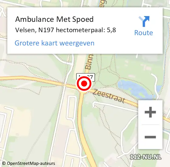 Locatie op kaart van de 112 melding: Ambulance Met Spoed Naar Velsen, N197 hectometerpaal: 5,8 op 10 november 2023 19:53