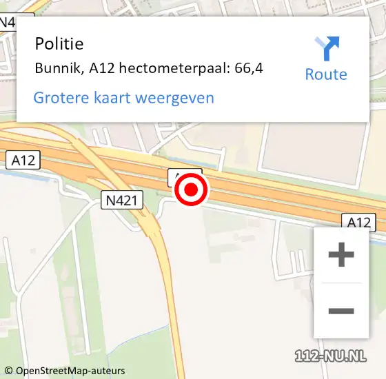 Locatie op kaart van de 112 melding: Politie Bunnik, A12 hectometerpaal: 66,4 op 10 november 2023 22:21