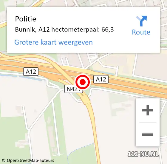 Locatie op kaart van de 112 melding: Politie Bunnik, A12 hectometerpaal: 66,3 op 10 november 2023 22:21