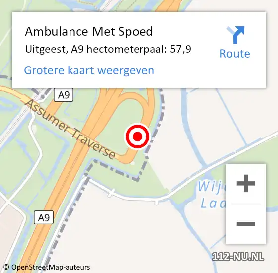 Locatie op kaart van de 112 melding: Ambulance Met Spoed Naar Uitgeest, A9 hectometerpaal: 57,9 op 10 november 2023 23:34