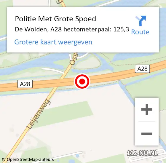 Locatie op kaart van de 112 melding: Politie Met Grote Spoed Naar De Wolden, A28 hectometerpaal: 125,3 op 10 november 2023 23:49