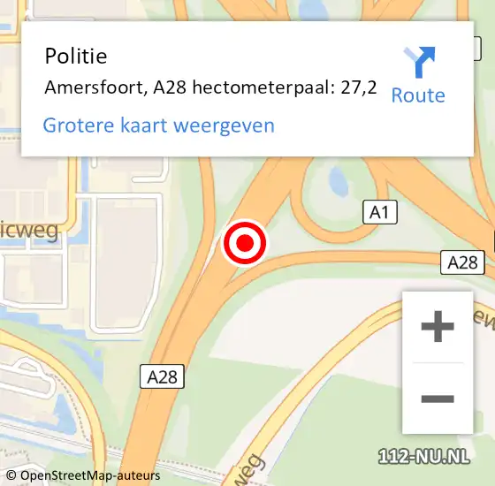 Locatie op kaart van de 112 melding: Politie Amersfoort, A28 hectometerpaal: 27,2 op 11 november 2023 01:11