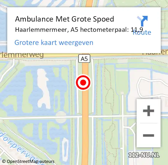 Locatie op kaart van de 112 melding: Ambulance Met Grote Spoed Naar Haarlemmermeer, A5 hectometerpaal: 11,9 op 11 november 2023 06:45