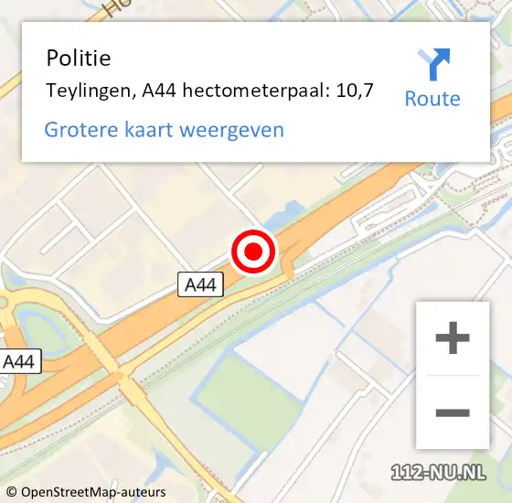 Locatie op kaart van de 112 melding: Politie Teylingen, A44 hectometerpaal: 10,7 op 11 november 2023 07:52