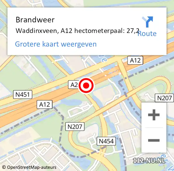 Locatie op kaart van de 112 melding: Brandweer Waddinxveen, A12 hectometerpaal: 27,2 op 11 november 2023 08:31