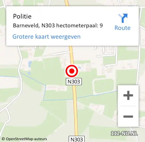 Locatie op kaart van de 112 melding: Politie Barneveld, N303 hectometerpaal: 9 op 11 november 2023 09:00