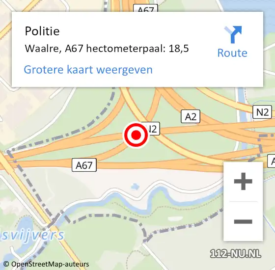 Locatie op kaart van de 112 melding: Politie Waalre, A67 hectometerpaal: 18,5 op 11 november 2023 09:21