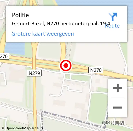 Locatie op kaart van de 112 melding: Politie Gemert-Bakel, N270 hectometerpaal: 19,4 op 11 november 2023 10:54