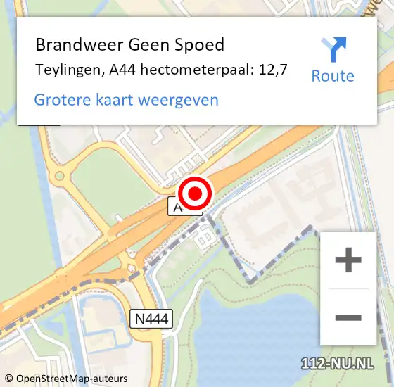 Locatie op kaart van de 112 melding: Brandweer Geen Spoed Naar Teylingen, A44 hectometerpaal: 12,7 op 11 november 2023 11:08