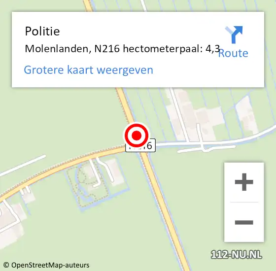 Locatie op kaart van de 112 melding: Politie Molenlanden, N216 hectometerpaal: 4,3 op 11 november 2023 11:10